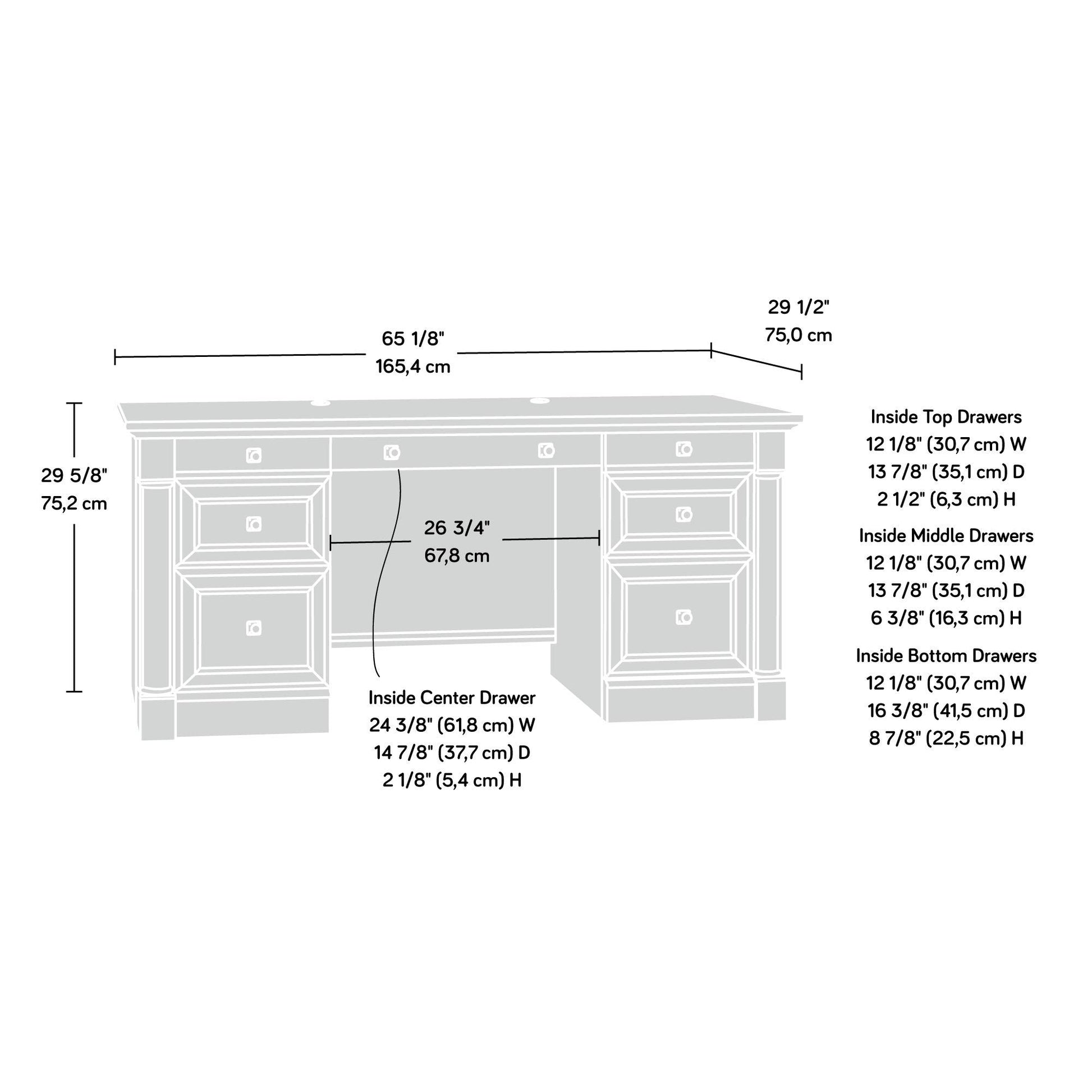 Sauder Palladia Executive Desk, Engineered Wood, 29.5"D x 65.1"W x 29.61"H, Vintage Oak finish - WoodArtSupply