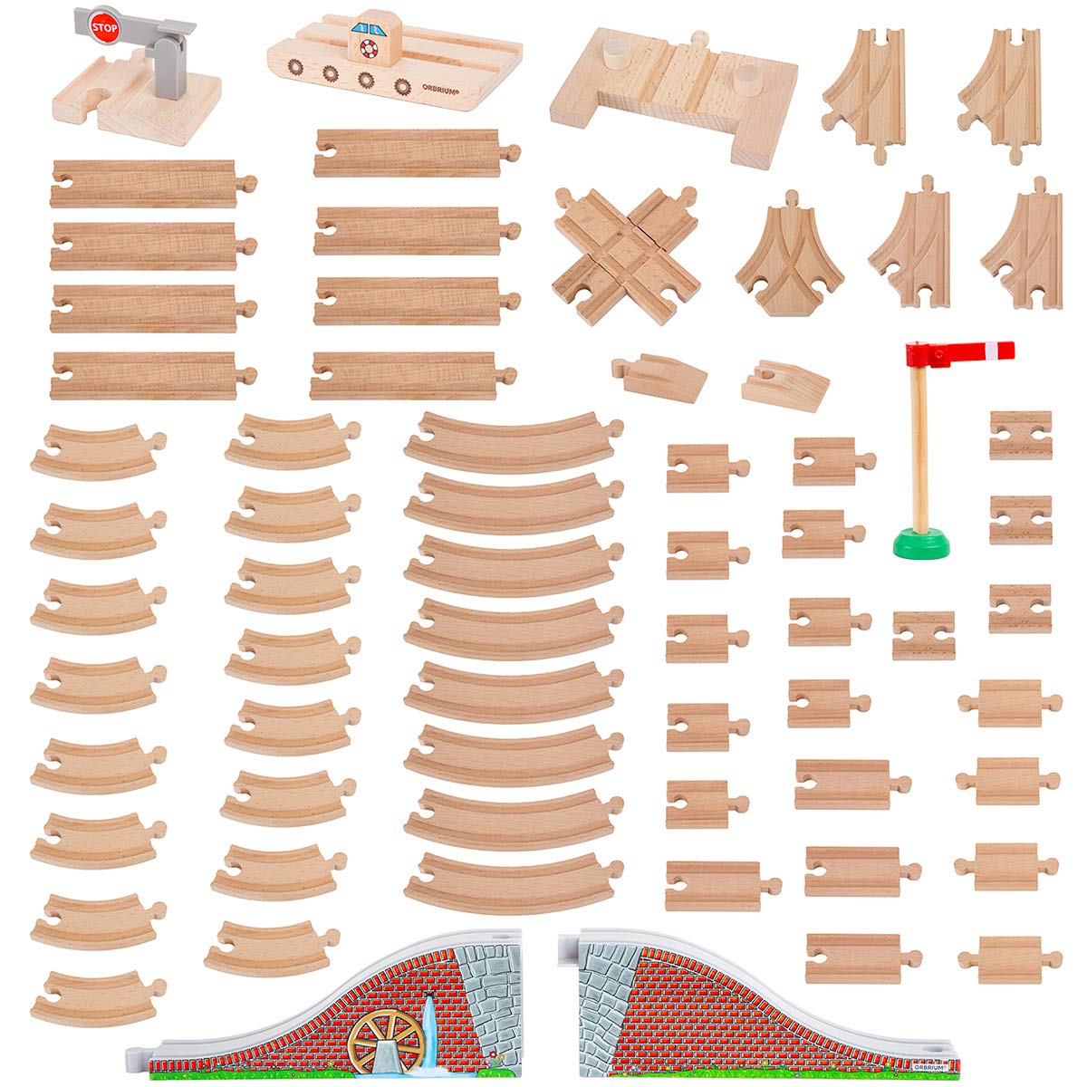 Orbrium Toys 68 Pcs Wooden Train Track Expansion Pack Compatible with Thomas Wooden Train, Brio, Thomas The Tank Engine (68 Pcs) Orbrium