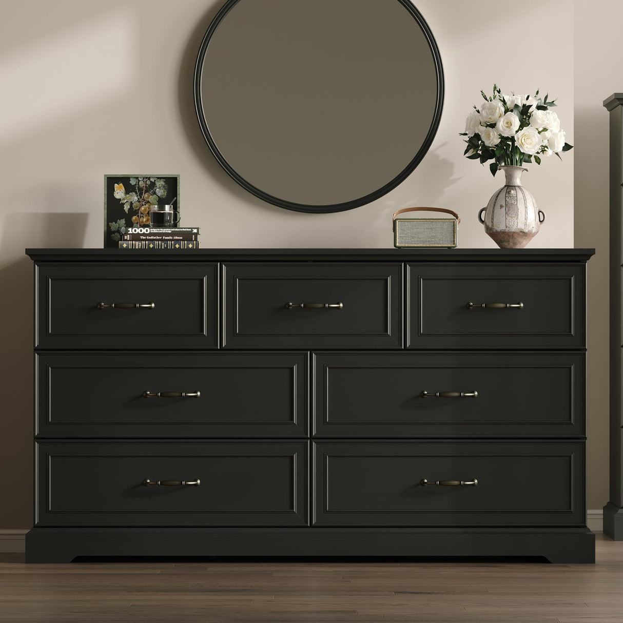 Farmhouse 7 Drawers Dresser for Bedroom, 57" Wide Modern Chest of Drawers with Deep Drawers & Bar Handles, Rustic Wood Dresser TV Stand, Wooden Closet Storage Organizer for Living Room, Hallway, Black Xixini