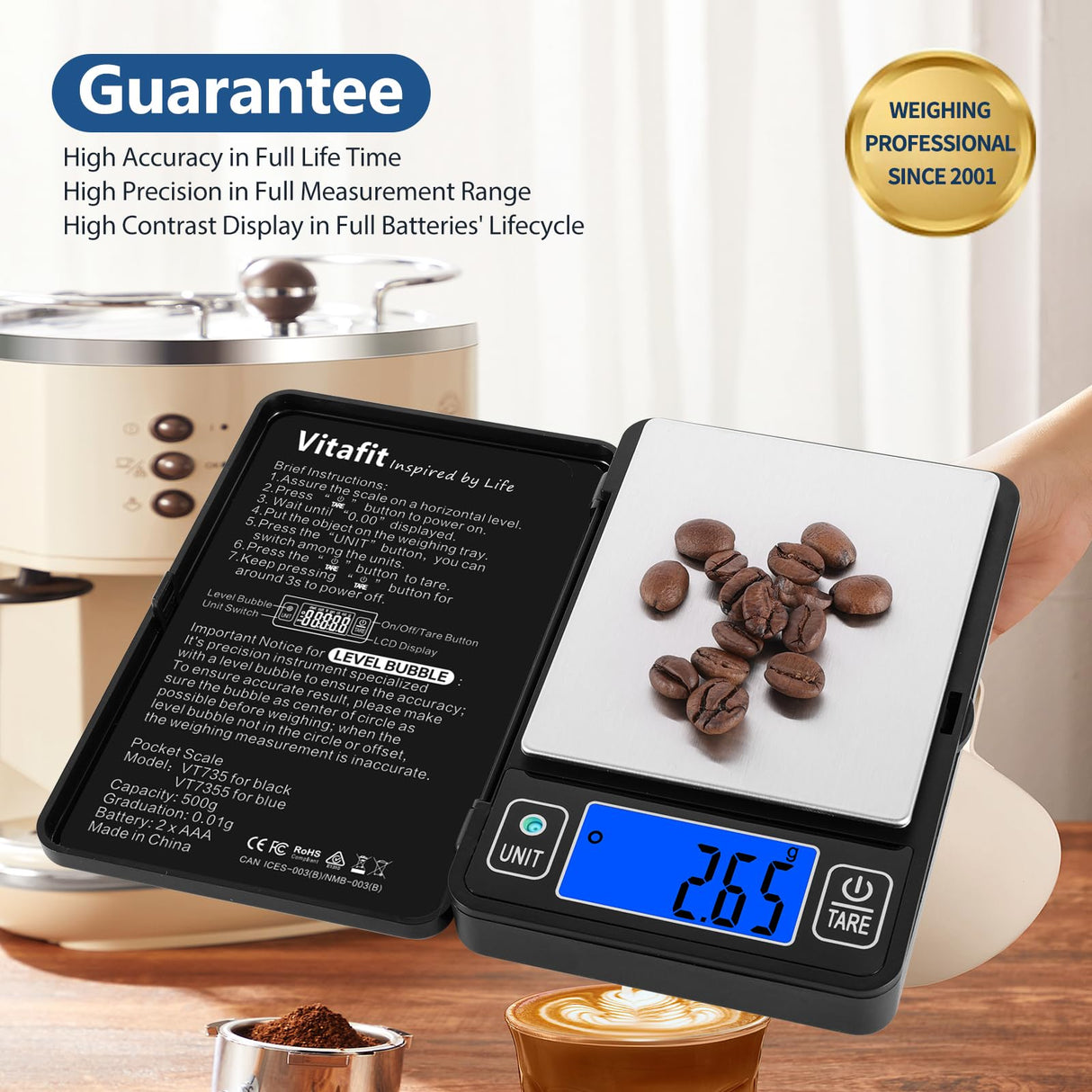 Vitafit 500g Digital Gram Scale in 0.01g, High Accuracy Assured by Built-in Level Bubble, Scale Professional Since 2001, Pocket Scale for Multi-Function: Kitchen, Food, Jewelry, Lab, Coffee, Black Vitafit