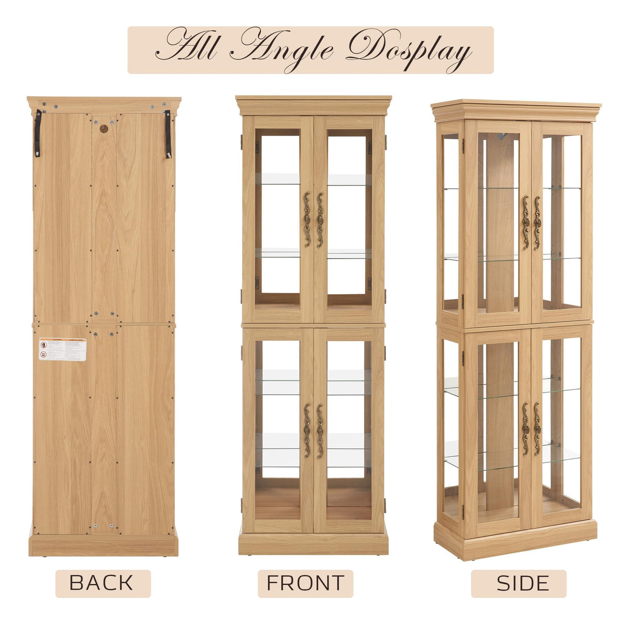 CKEASEAN Curio Cabinet 71" Lighted Glass Display Case, Wooden Wine Bar Cabinet with 6 Adjustable Shelves, Tempered Glass Doors, Light Bulb Included, Rack for Living Room Liquor Storage (Light Oak) CKEASEAN