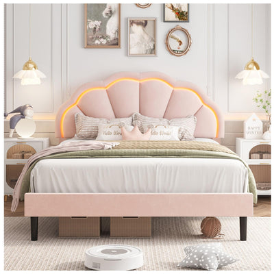 HIFIT Queen Upholstered Smart LED Bed Frame with Adjustable Chic Petal Headboard, Soft Princess Queen Size Platform Bed Frame for Girls, Wooden Slats Support, No Box Spring Needed, Easy Assembly, Pink