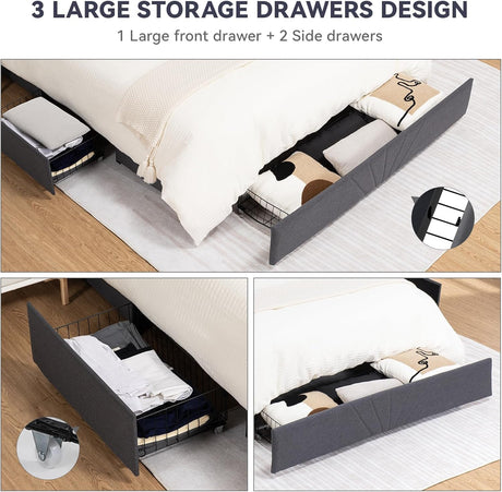 COMHOMA King Size Metal Bed Frame with Upholstered Headboard,Storage Drawers,USB & Type-C Charging Ports,No Box Spring Needed,Dark Grey COMHOMA