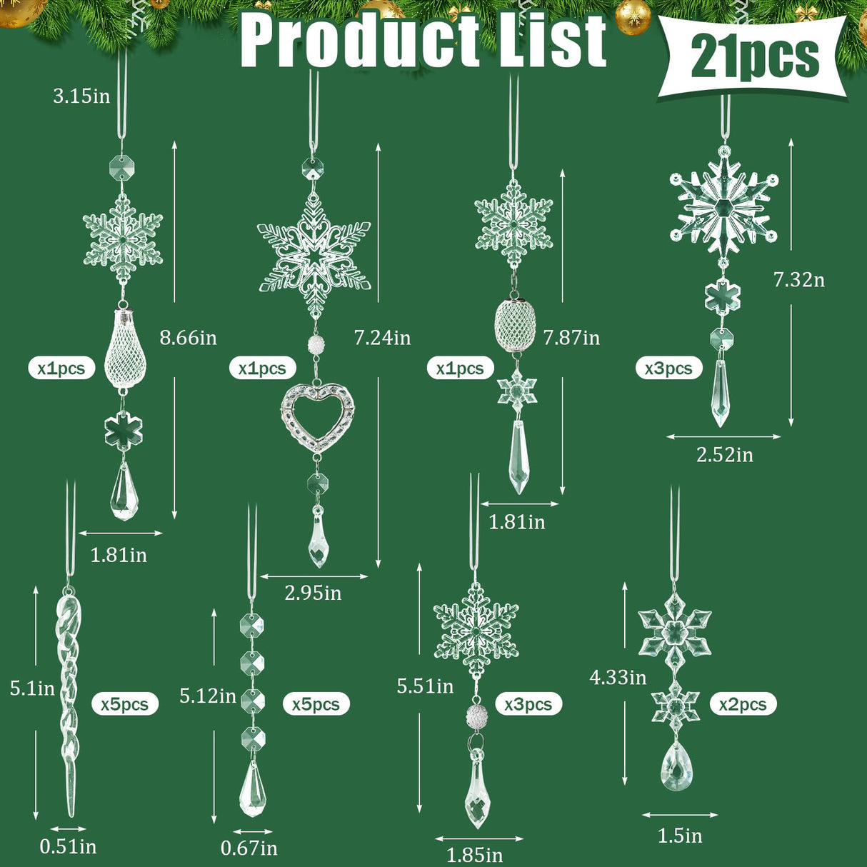 Crystal Ornaments Christmas Tree Decorations - 21pcs Christmas Tree Ornaments Sparkling Dazzling Festival Party Decoration Crystal Snowflake Design Hanging Ornament Holiday Season Home Decor Lapogy