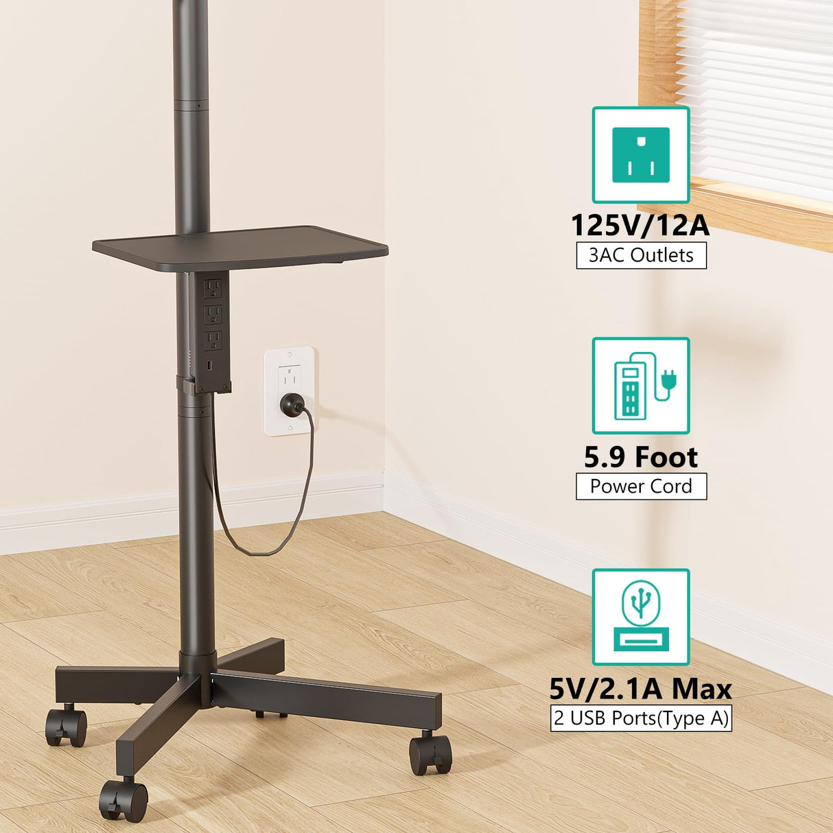 WALI Mobile TV Stand with Power Outlet, TV Cart for 23-65 inch TVs up to 88lbs, Portable Rolling TV Stand on Wheels with Height Adjustable and Tilt 20°, Max VESA 400x400mm (AVC001-P), Black WALI