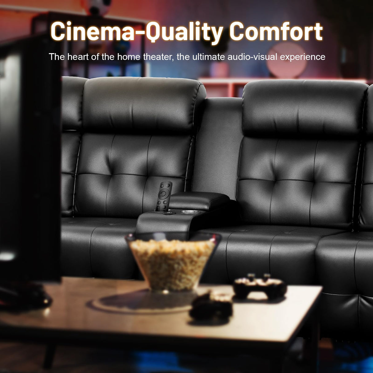Massage Loveseat Recliner, PU Leather Home Theater Seating with Center Console, USB Charging & Cup Holders, Ergonomic Couch Sofa for Movie or Gaming (Black, 4-Seater) TOMOSLTER