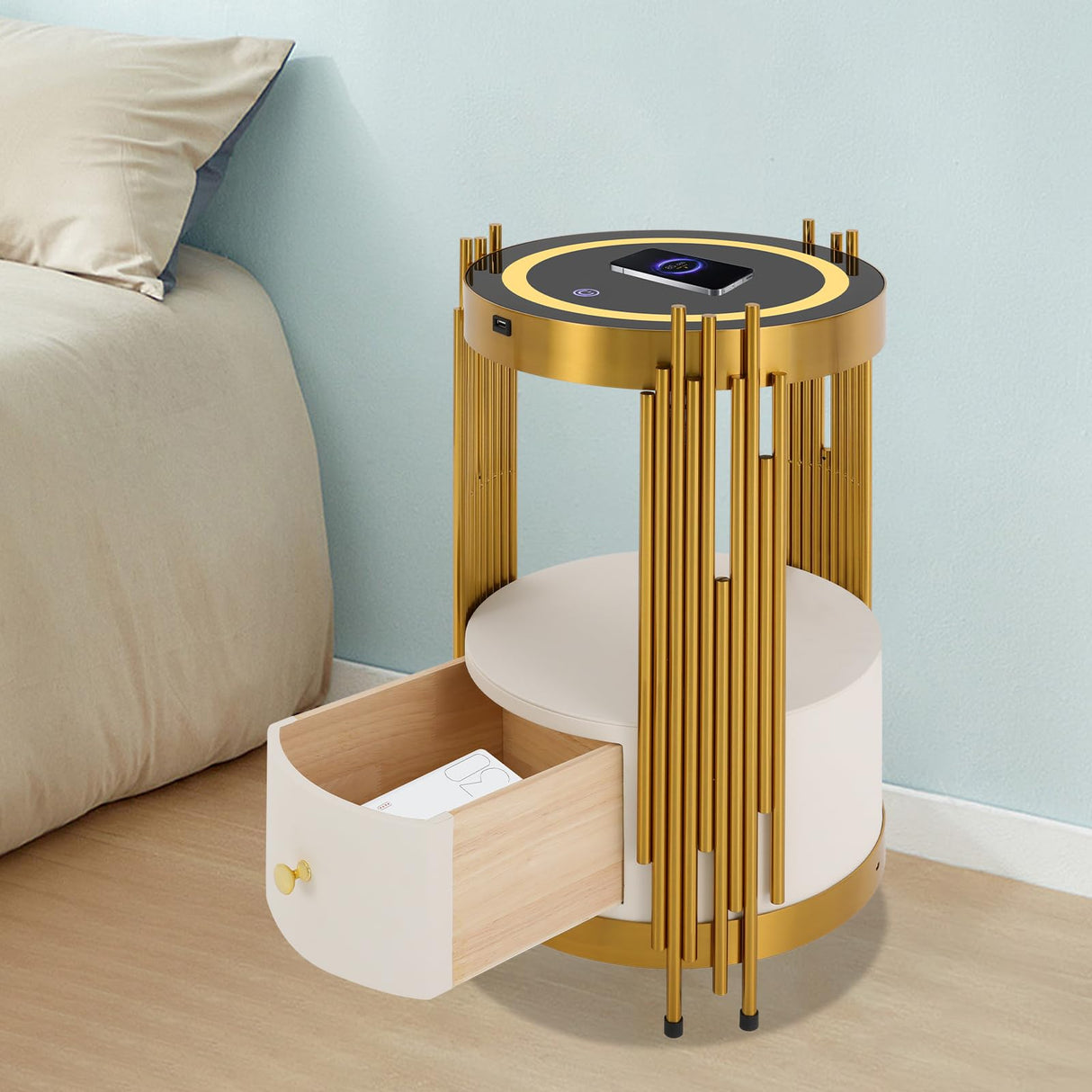 Mkyiongou Dimmable Led Nightstand Gold with White Drawers, Round End Table with USB & AC Port Wireless Charging Station, Bedside Table/Side Table for Bedroom/Living Room/Coffee Table Storage Mkyiongou