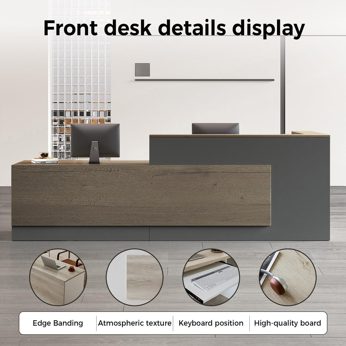 Nuipesn Modern L Shape Reception Desk with Counter – Front Desk Reception Counter with Drawers, Keyboard Tray & Shelves for Office, Salon, Retail, Lobby (Tobacco wood+Iron Gray/Left, 63"L*24"W*41"H) Nuipesn