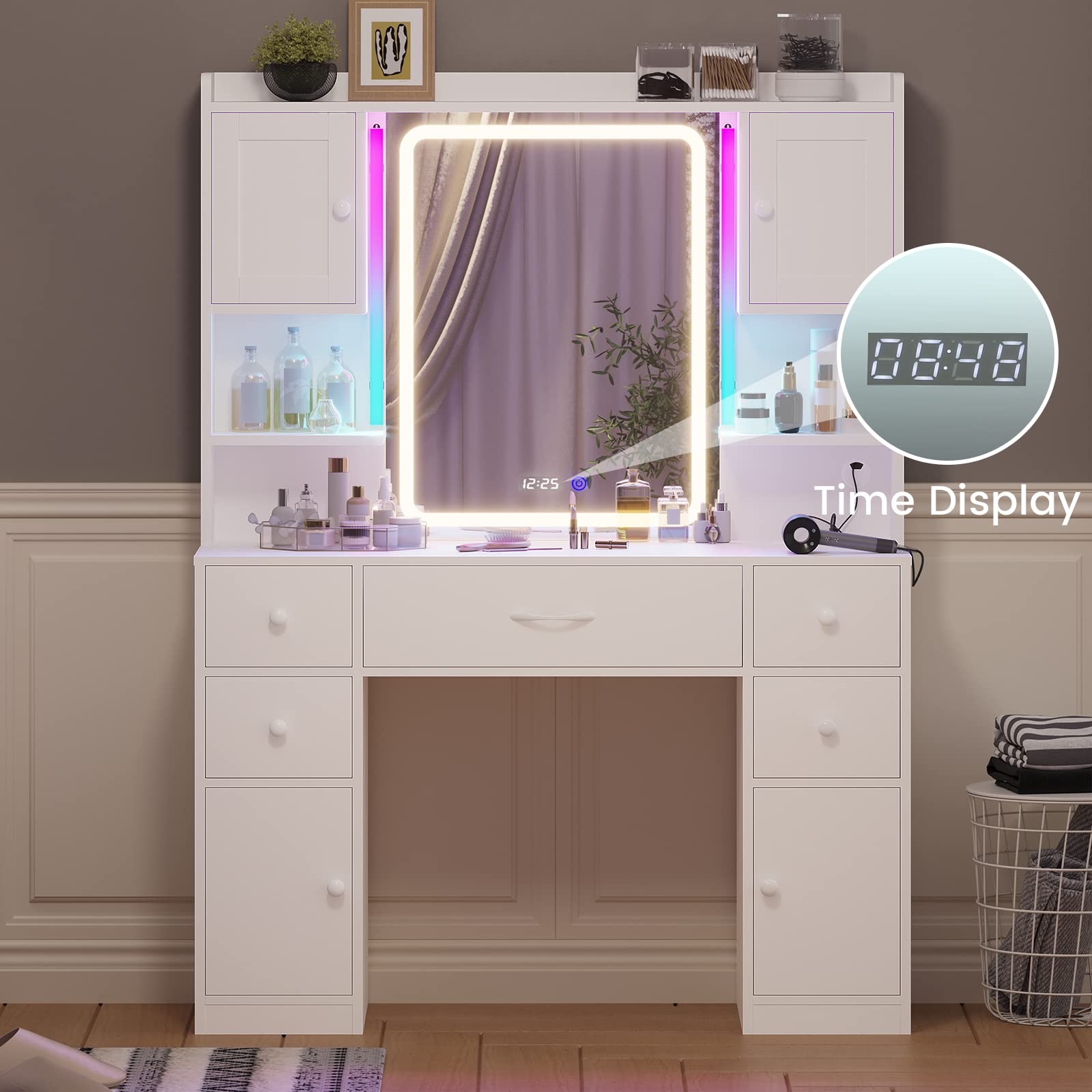 Tiptiper Large Vanity Desk with Mirror and Lights, Makeup Vanity with Lights and Charging Station, Vanity Table with Smart Mirror with Time Display, Makeup Table with 5 Drawers, White - WoodArtSupply