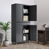GarveeTech 73 in Metal Storage Cabinet w/Locking Doors | Adjustable Shelves + 2 Drawers | Robust Utility Storage for Garage Organization-Dark Black with Casters GarveeTech