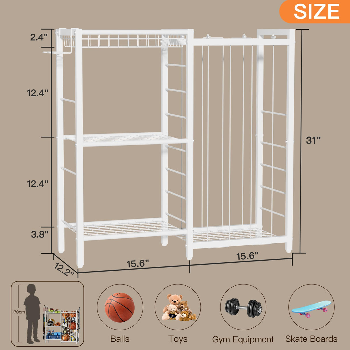 FAMIDGE Sports Equipment Organizer, Ball Storage Rack with Elastic Straps, Garage Sports Organizer Storage Cart with Hooks, Basketball Rack for for golf, Football, Soccer Ball, Bat, White FAMIDGE