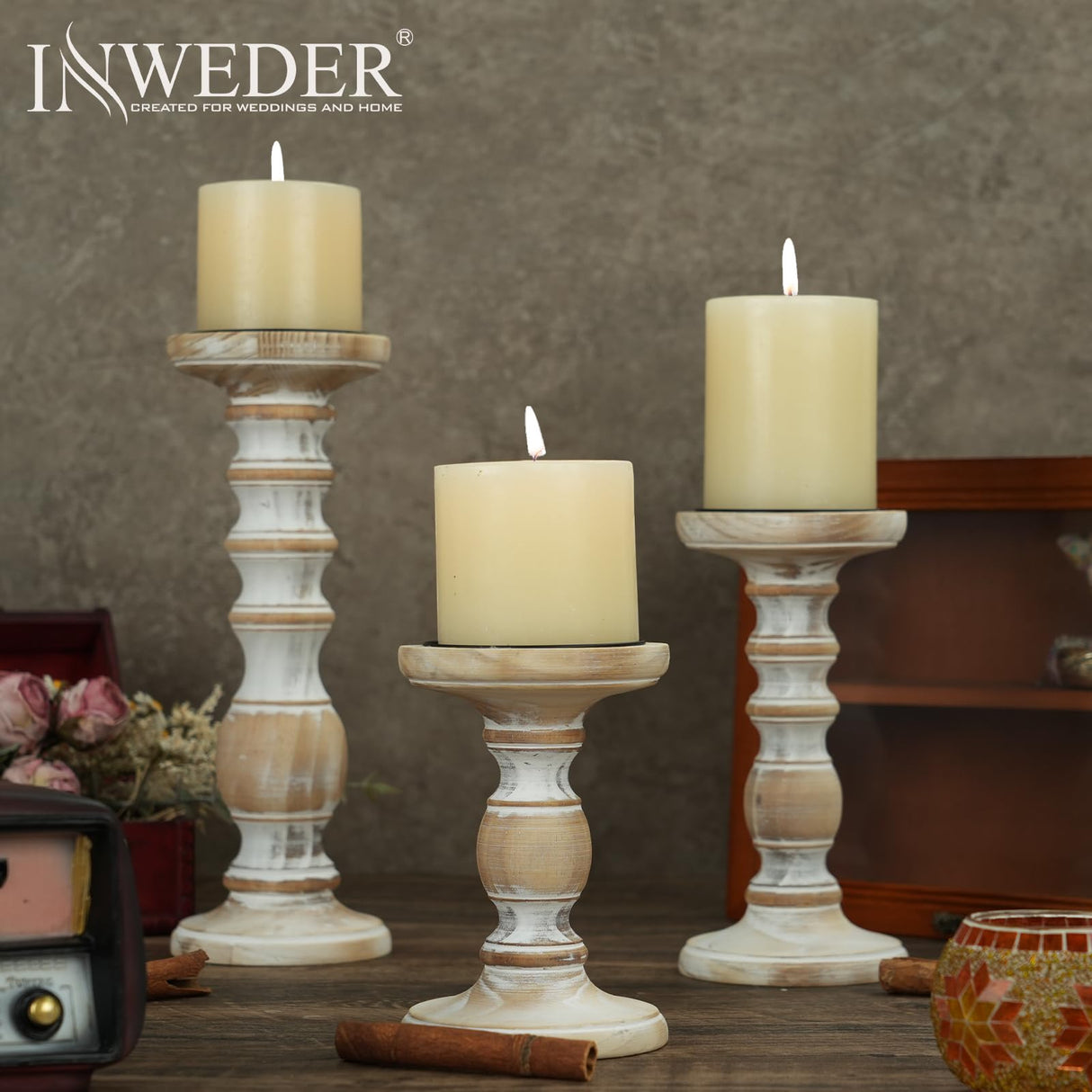 Wood Candle Holders for Pillar Candles: 3Pcs White Rustic Wood Candle Holders Distressed Wooden Farmhouse Candle Holders Rustic Candle Holder Tall Pillar Candle Holder Stand for Fireplace Table Inweder