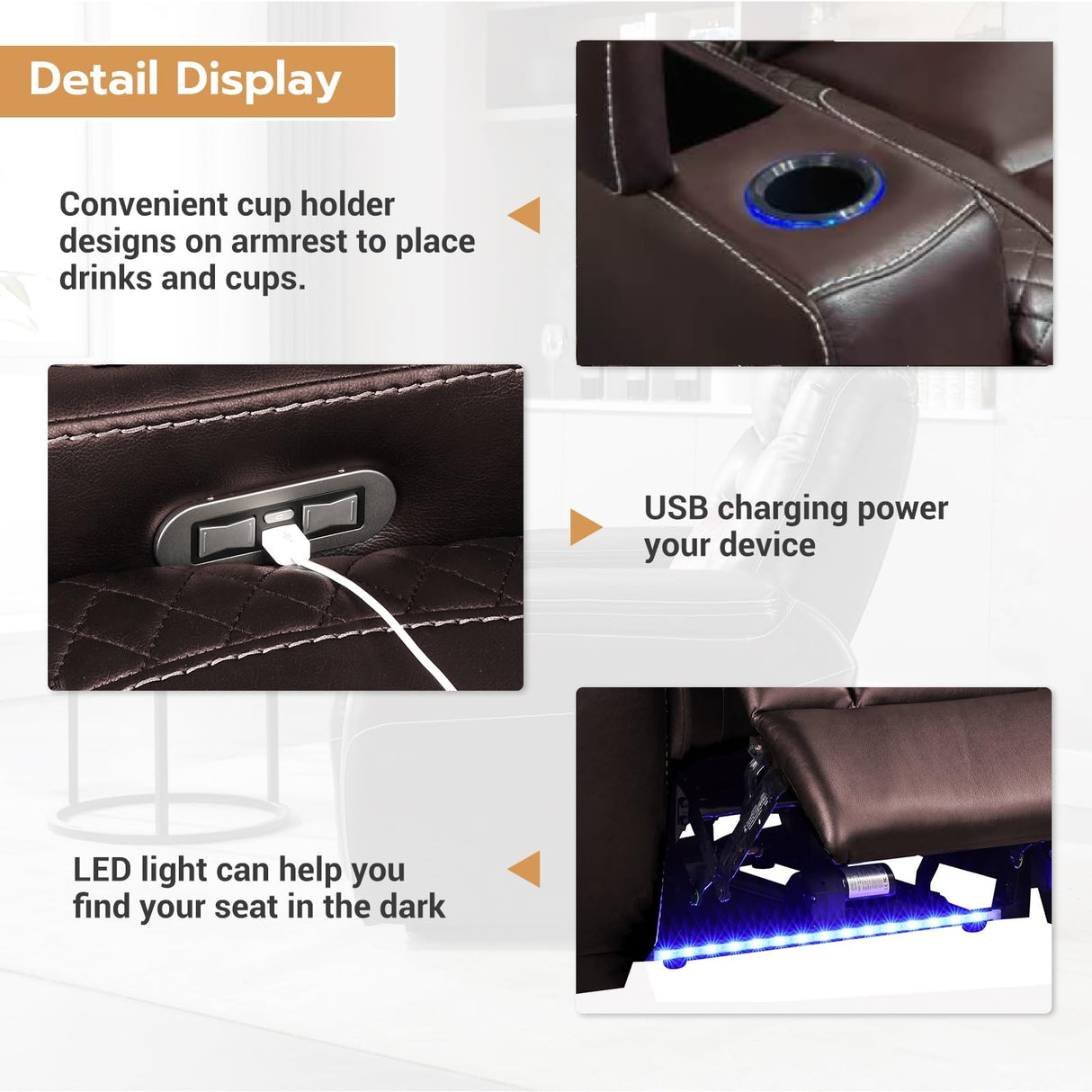 ANJ Power Home Theater Seating Recliner Chairs, PU Leather Recliner with Cup Holder, Electric Movie Theater Reclining Chairs with Adjustable Powered Headrest, LED Lights, Hidden Arm Storage (Brown) ANJ