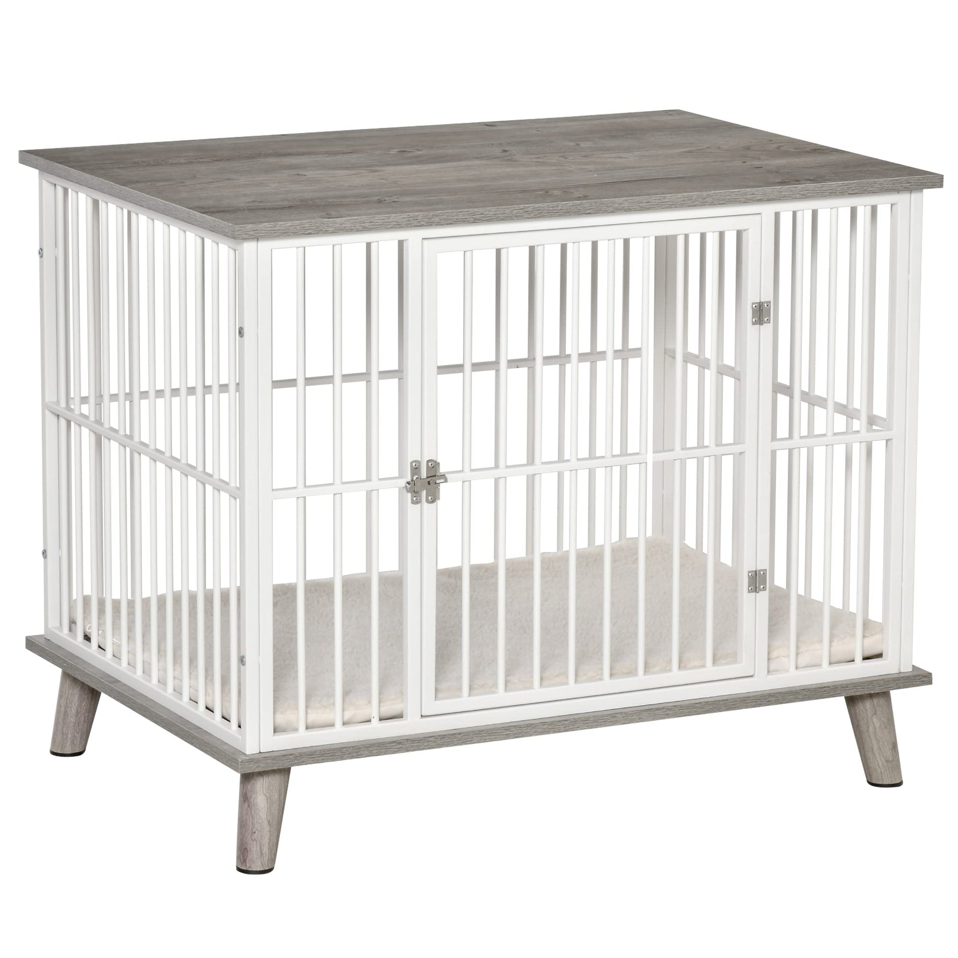 PawHut Dog Crate Furniture, Wooden End Table with Cushion & Lockable Door, Medium Size Pet Crate Indoor Puppy Cage, Grey - WoodArtSupply