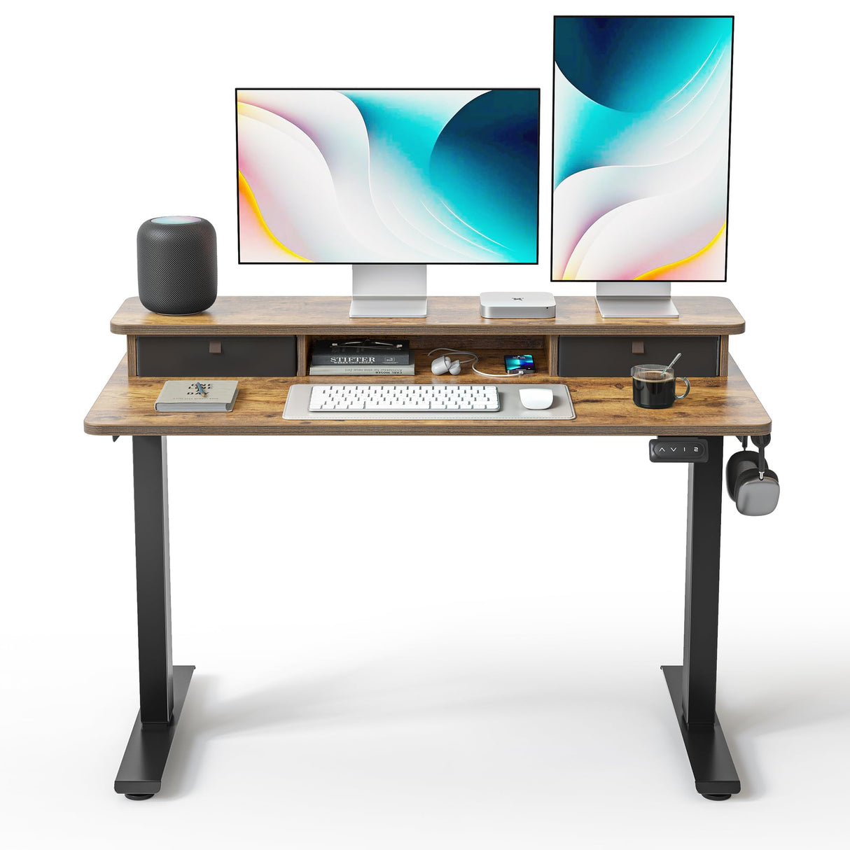 FEZIBO 48 x 24 Inch Height Adjustable Electric Standing Desk with Double Drawers, Stand up Desk, Home Office Computer Workstation with 4 Height-Adjustable Feets & 2 Hooks, Rustic Brown FEZIBO