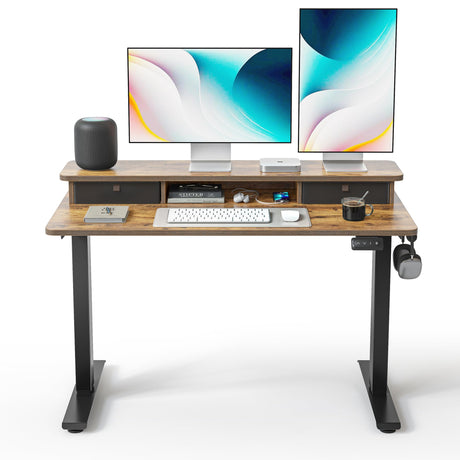 FEZIBO 48 x 24 Inch Height Adjustable Electric Standing Desk with Double Drawers, Stand up Desk, Home Office Computer Workstation with 4 Height-Adjustable Feets & 2 Hooks, Rustic Brown FEZIBO