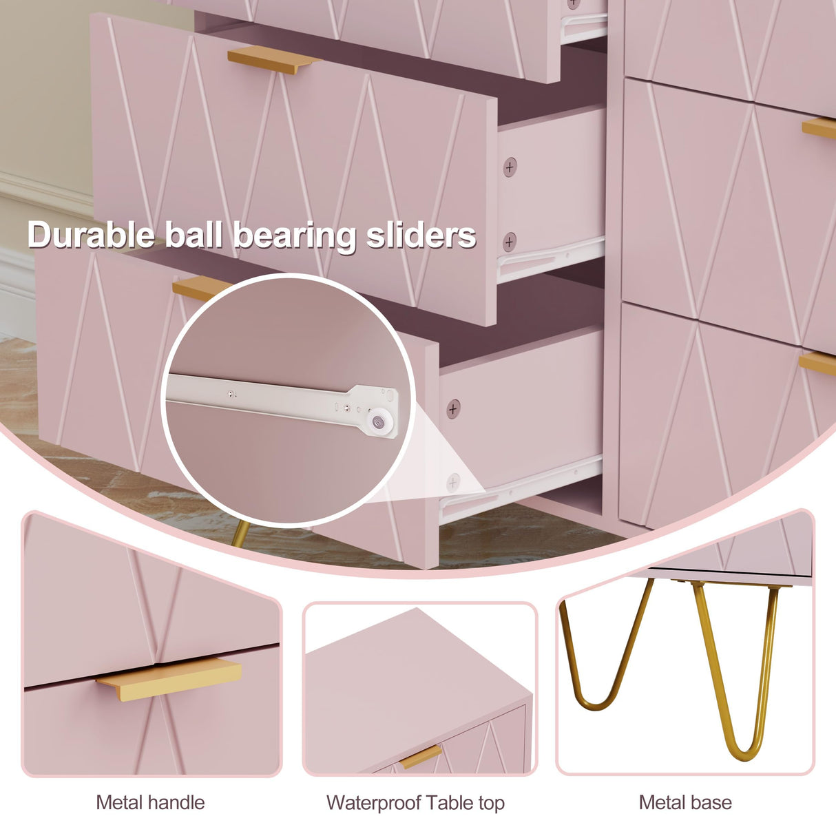 UEV Pink 6 Drawer Dresser,Modern Dresser Chest with Wide Drawers and Metal Handles,Wood Storage Chest of Drawers for Bedroom,Entryway,Hallway (Pink, 6 Drawer) UEV