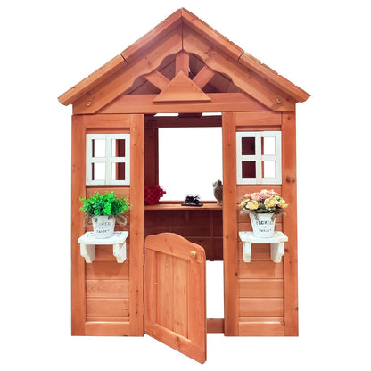 Wooden Outdoor Playhouse for Age 3-6 Years Boy Girl, Outdoor Cottage Playhouse with Door, 2 Windows, 3 Serving Station, Shelf & Flowerpot Holder, 42" Lx46 Wx55 H, Toddlers Gift for Ages