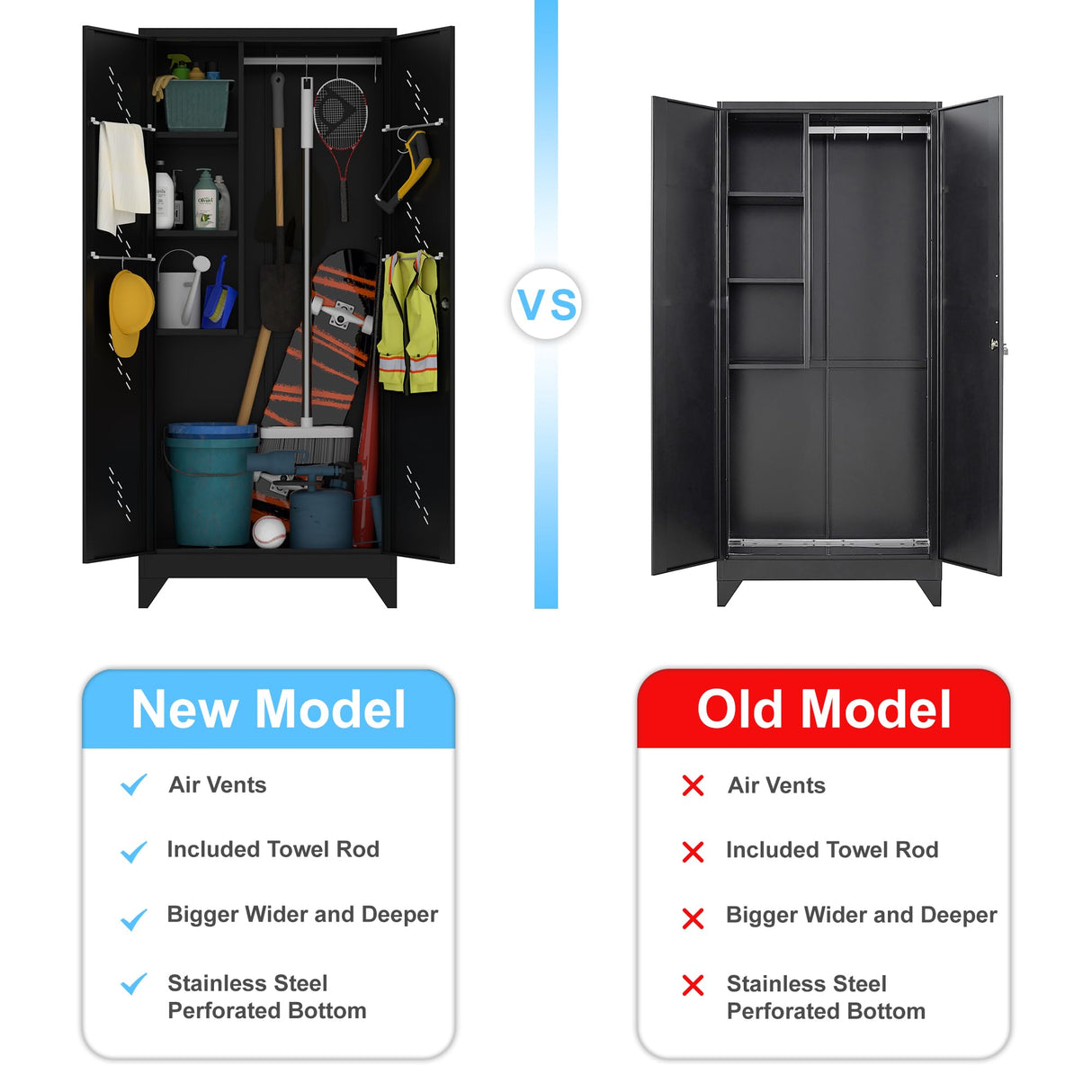 OSEILLC Metal Storage Cabinet with Locking Doors, 75" Tall Garage Storage Cabinet with Hanging Rod, Broom Closet/Freestanding Bathroom Storage Cabinet, Cleaning Tool Storage OSEILLC