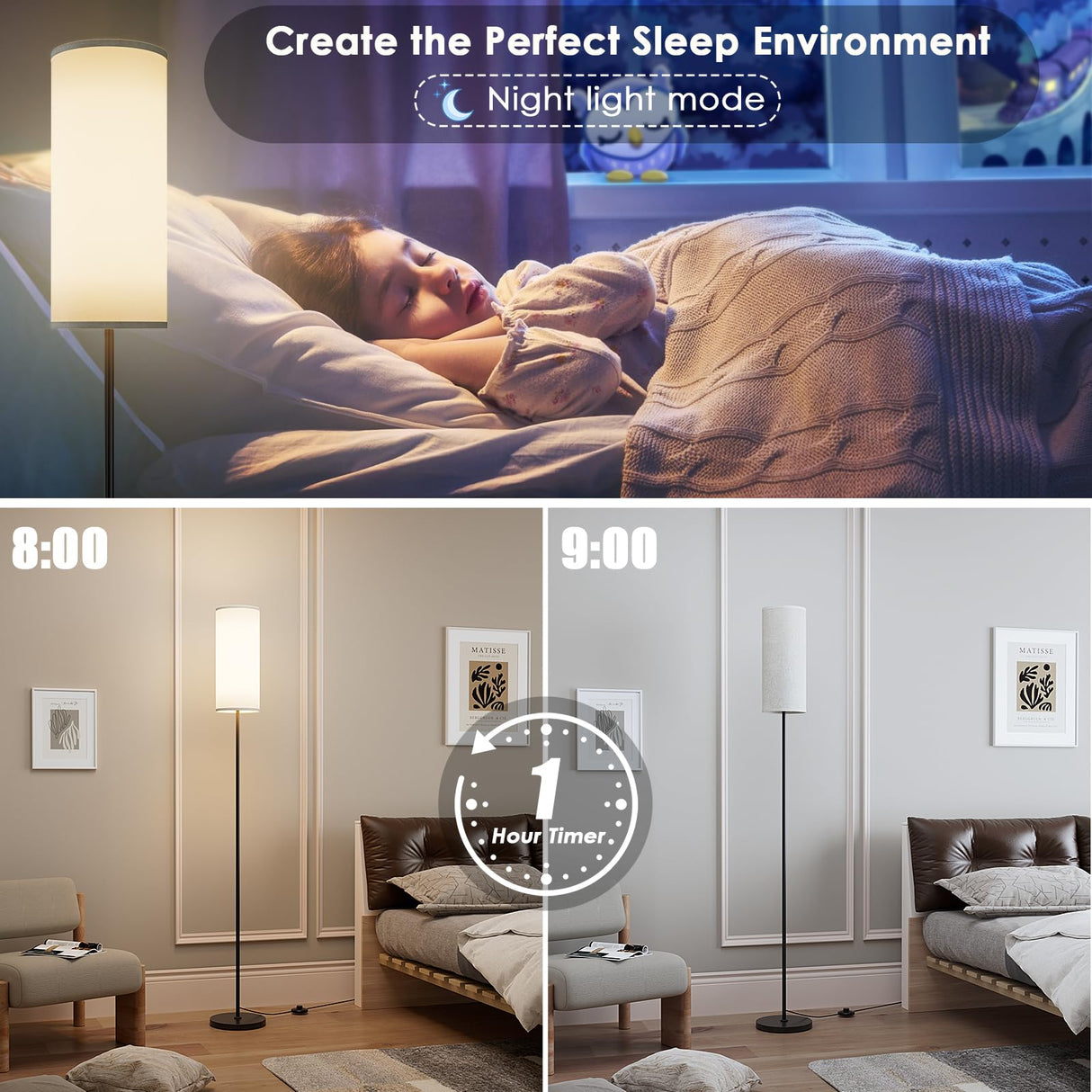 Karjoefar Floor Lamp for Living Room, Modern Standing lamp with Remote Control, Stepless Dimmable 9W Bulb & Beige Lampshade Included, Black Pole Tall Floor Lamp for Bedroom Office Karjoefar