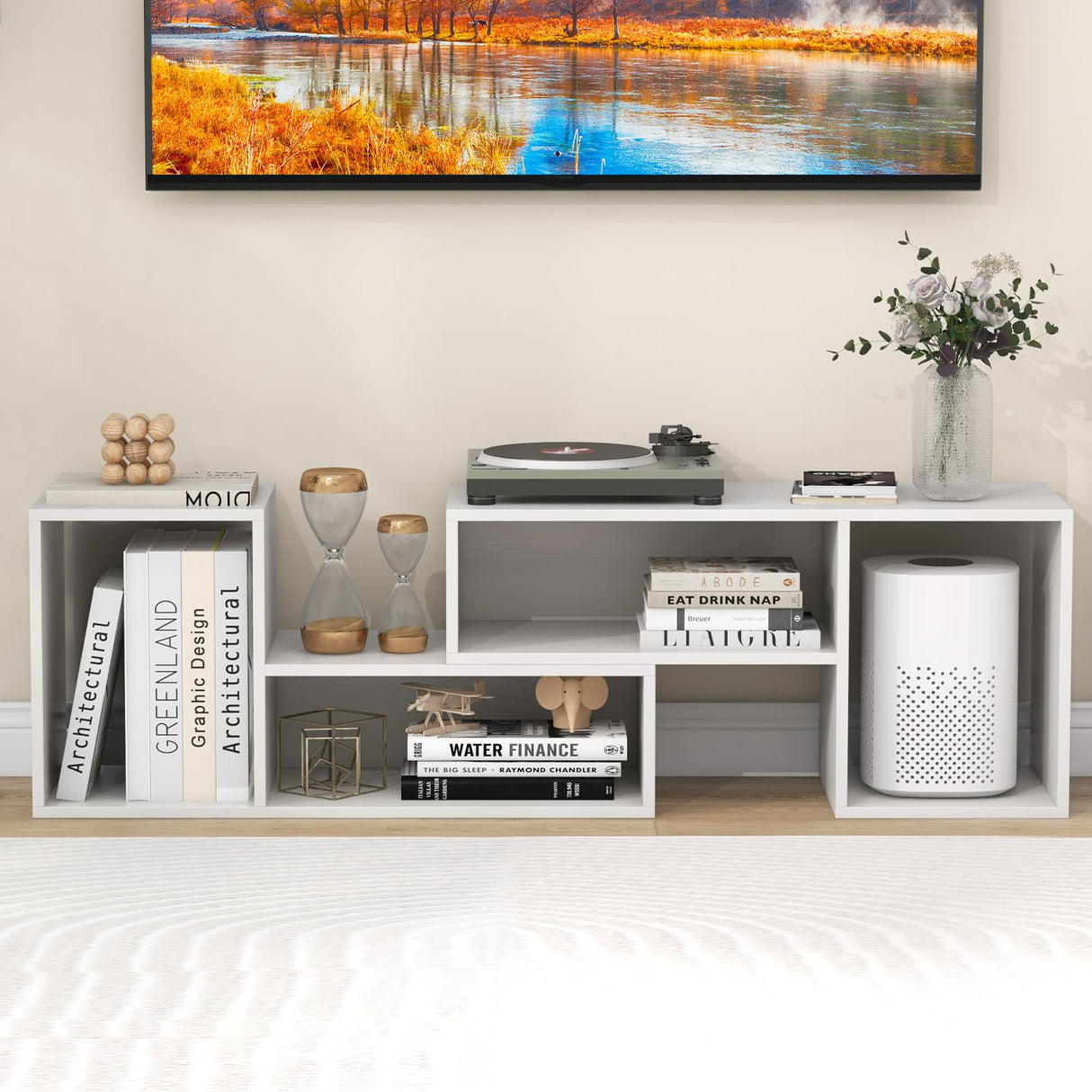 Giantex Bookshelf TV Stand for TVs up to 55", 2 Pieces Free-Combination Entertainment Center with Storage Cubes, Modern Media TV Console Table, Open Storage Bookcase for Living Room, Bedroom (White) Giantex