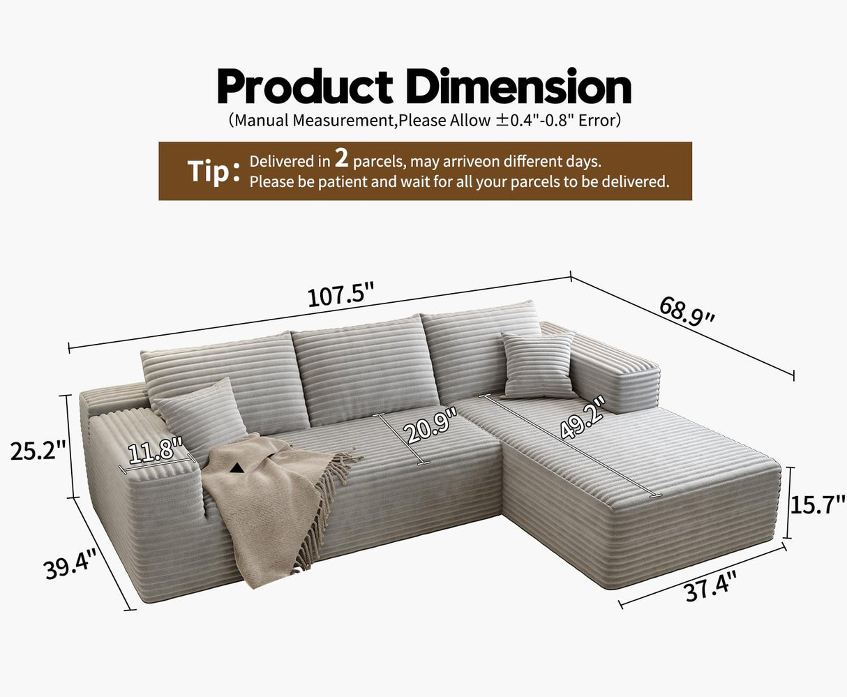 107.5" Cloud Sectional Couch with L-Shape Chaise,Modern Modular Sofa with Deep Seat, Upholstered Couches for Living Room Bedroom Apartments,No Assembly Required, (Grey,Right Facing Chaise) Astronovo