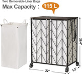 WOWLIVE Laundry Basket with Wheels, Heavy Duty Laundry Hamper with Wood Lid, Clothes Hamper with Divided Removable Liner Bag, Large Capacity Iron-Made Laundry Sorter Laundry Room Organization (Beige) WOWLIVE