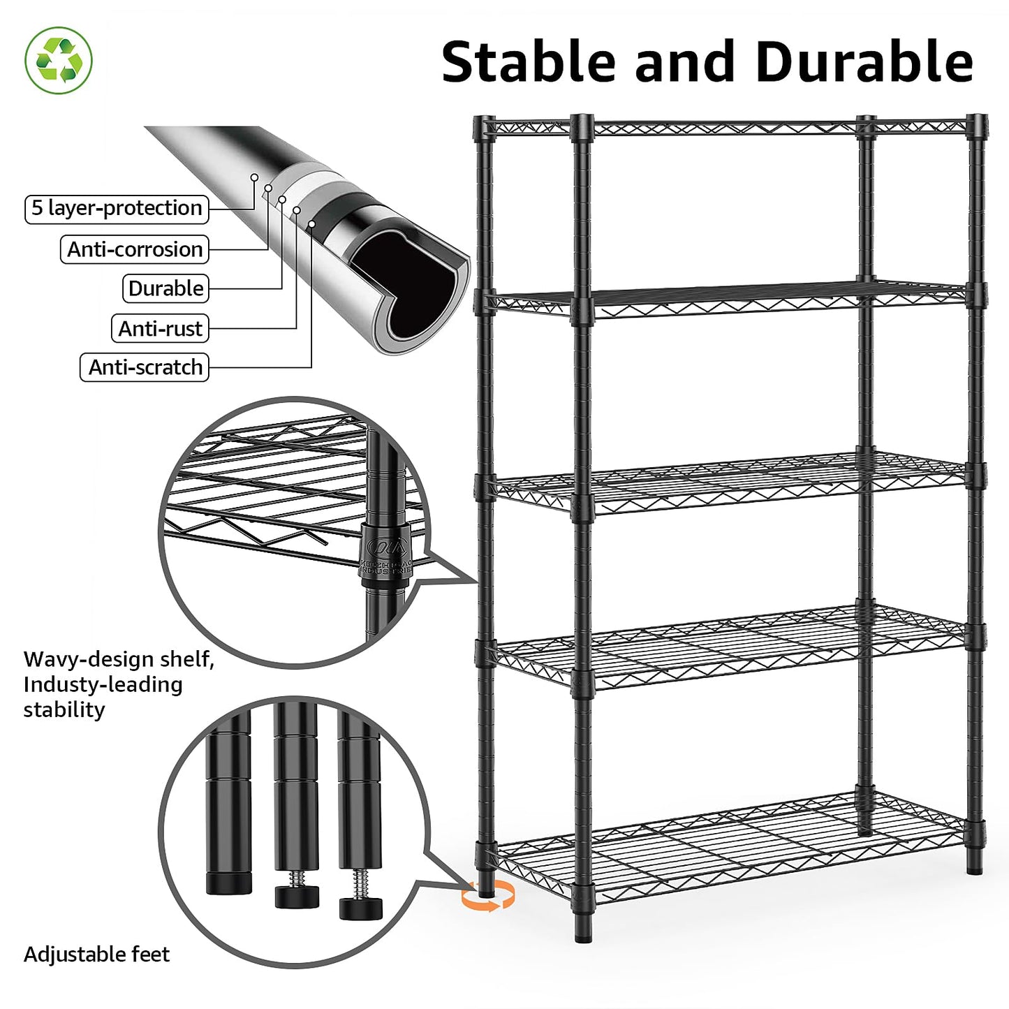 MZG 1250 lbs Storage Shelving Utility Shelving Unit 5-Tier Utility Shelving Unit Steel Organizer Wire Rack for Home,Kitchen,Office (13.7" D x 23.6" W x 62.4" H)