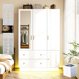 DalyLuxa 3 Doors Armoire Wardrobe Closet with Mirror & Organizers, LED Wooden Bedroom Armoires with Hanging Rod for Bedroom, White DalyLuxa