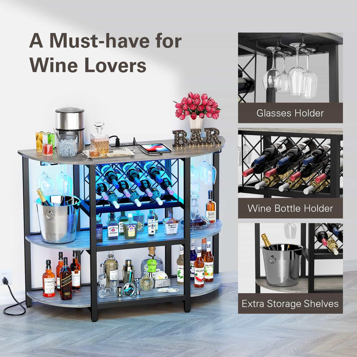 Zarler Bar Table Cabinet, Home Mini Bar Cabinet for Liquor, Metal Wine Bar Stand with 4-Tier Storage, Easy to Assemble, Light Grey Zarler