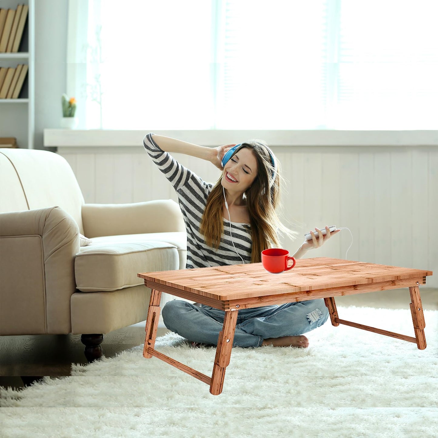 Floor Table Tray with Folding Legs Adjustable Low Coffee Table for Sitting on Floor Bamboo,Fully Assembled,33.5x17.7in - WoodArtSupply