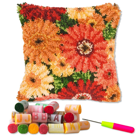 LAPATAIN Latch Hook Kits for DIY Throw Pillow Cover,Colorful Flowers Pattern Needlework Cushion Cover Hand Craft Crochet for Great Family 17x17inch LAPATAIN