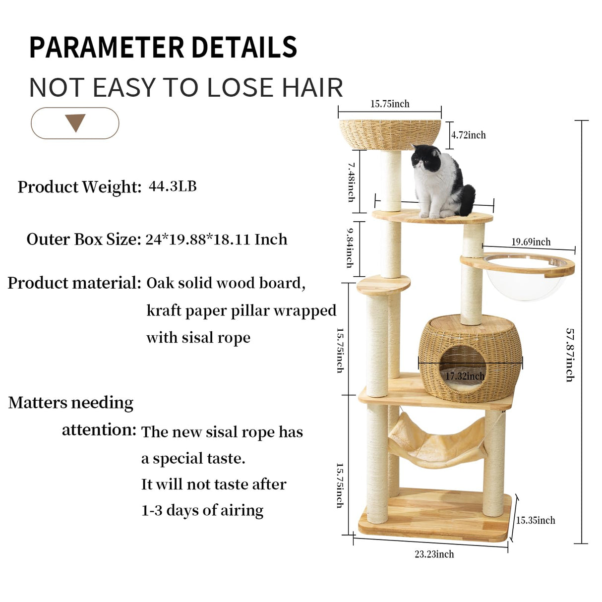 59" Big Modern Cat Tree Tower, Cat Tower Sisal-Covered Scratching Posts for Indoor Cats, Oak Wood Cat tree for Large Cats, Multi-level Cat Condo with Space Capsule Nest, Cat Furniture Activity Centre SHODMI