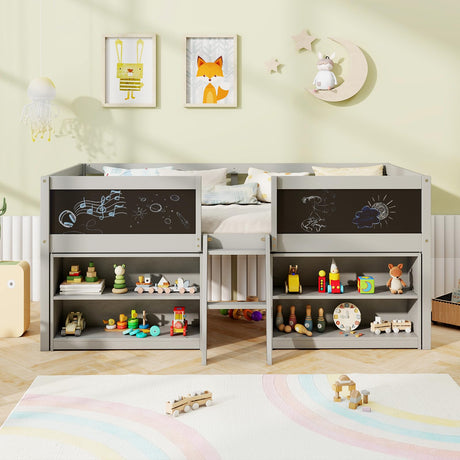KOMFOTT Twin Size Low Loft Bed, Kids Loft Bed Frame with Movable Storage Shelves, Chalkboard & Ladder, Solid Wood Twin Bed with Under-Bed Play Area for Kids, Boys & Girls, No Box Spring Needed, Grey KOMFOTT