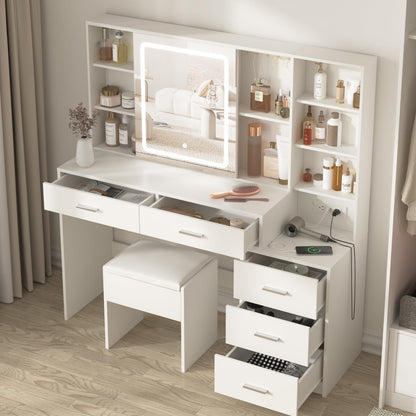 Fameill Vanity Desk with Mirror and Lights, White Vanity Table with 3 Color Lighting, Makeup Vanity Desk with Charging Station, 5 Drawer Storage, 5 Hooks, Hidden and Open Shelves