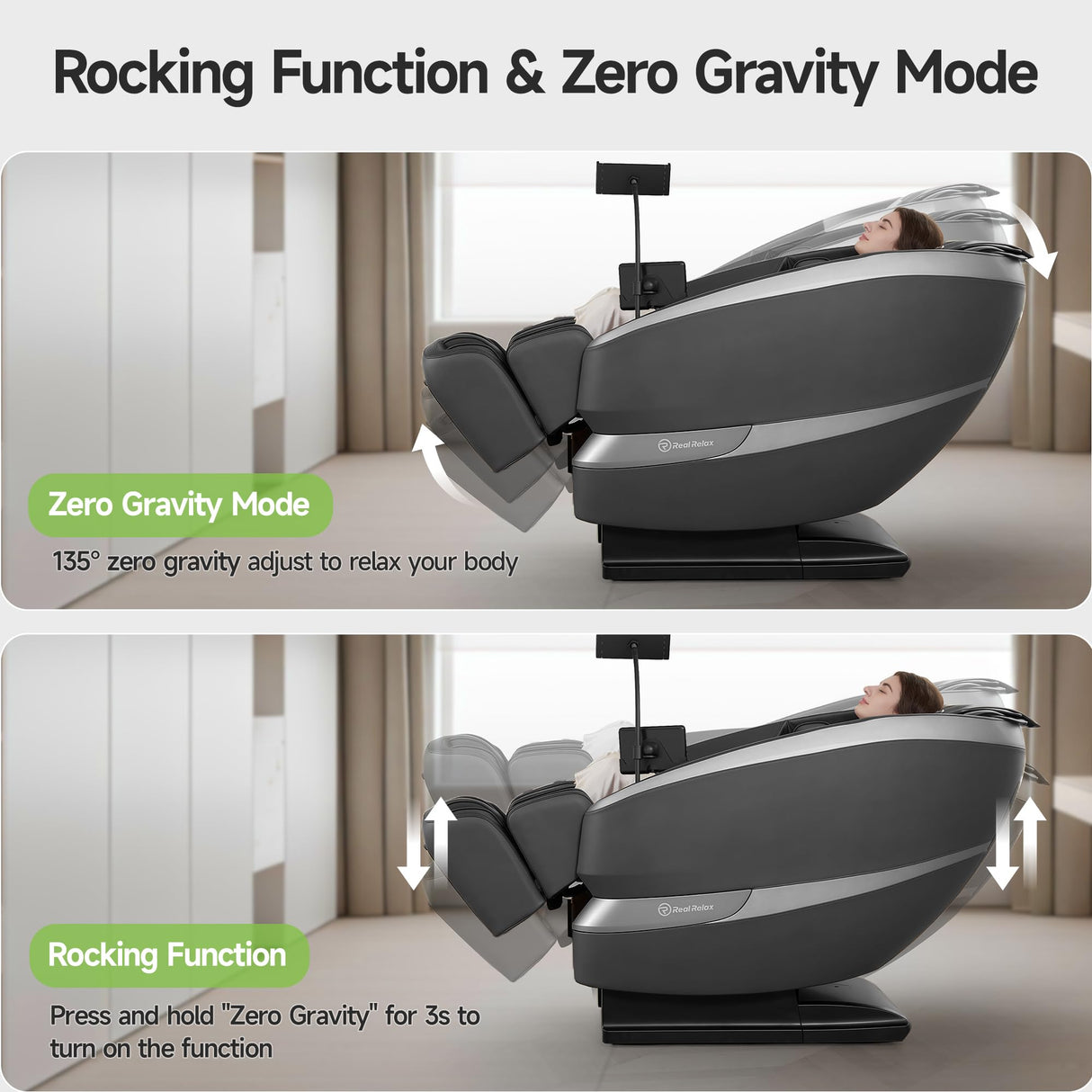 Real Relax 2025 Massage Chair Full Body,Zero Gravity Dual Core S-Track Shiatsu Massage Recliner,Back and Calf Heating with Phone Holder,Rocking Function,12 Auto Modes,Bluetooth,FS01 Pro Gray and Black Real Relax