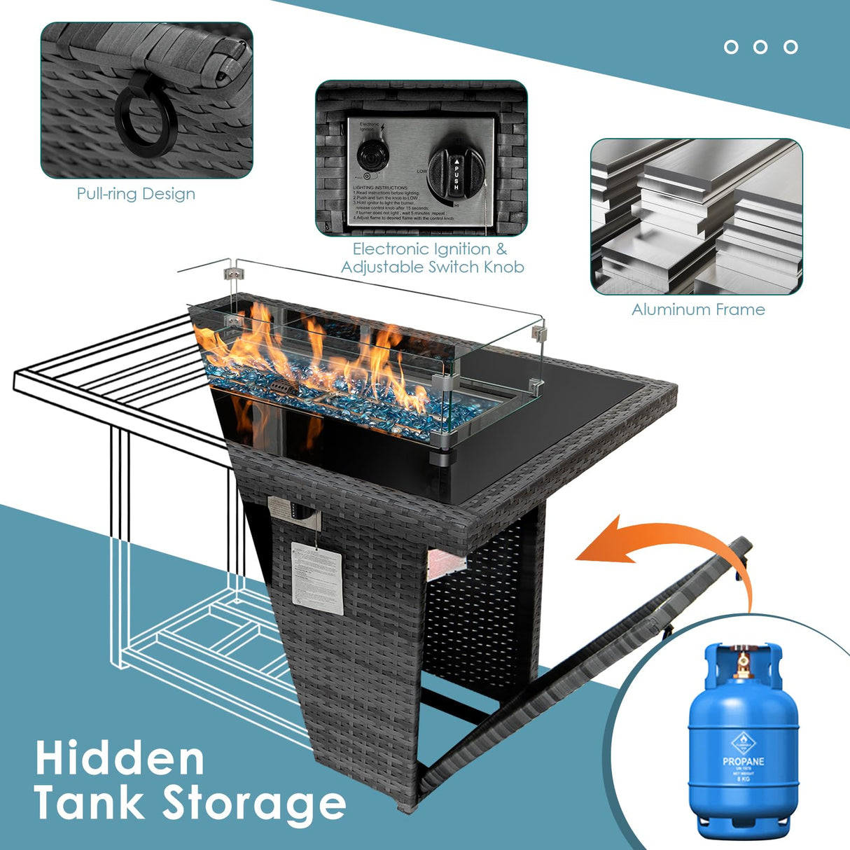 RADIATA PE Wicker Patio Furniture Set Sectional High Back Large Size Sofa Sets with Propane Fire Pit Table 55000 BTU Balcony Rattan Lounge Conversation Sets for Outdoor (13 Pieces,Light Gray) RADIATA