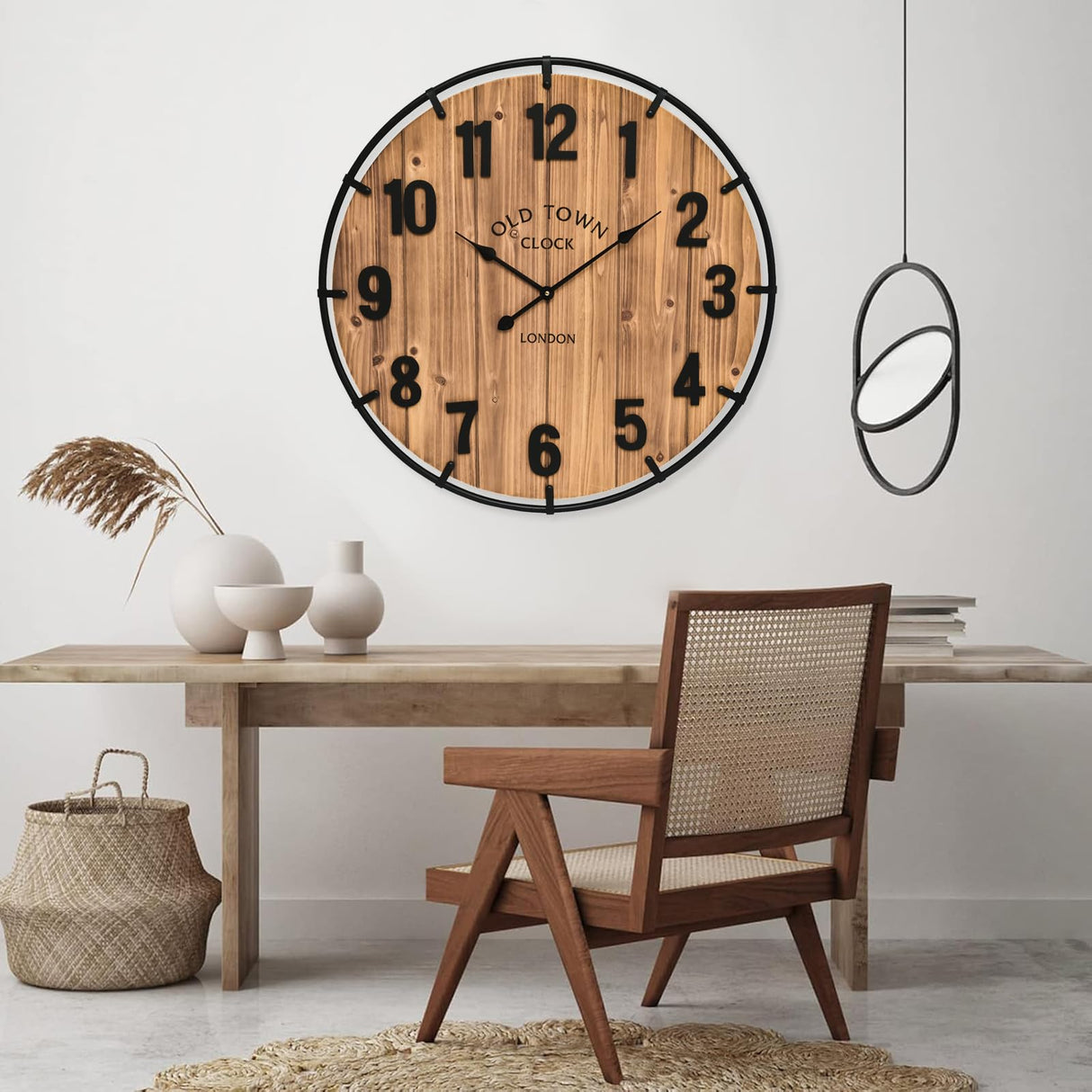 24 Inch Farmhouse Wall Clock Large Old Town Vintage Rustic Wooden Clock with Metal Rim and Large Numerals, Silent Battery-Operated for Office, Kitchen, Bedroom, and Living Room MICWIC