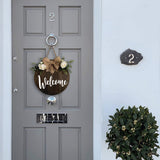 MayAvenue Welcome Wreaths Decor Sign Front Door, Round Wood Hanging Sign with Ribbon Bow and Artificial Green Leaves, Farmhouse Porch Decorations for Home Thanksgiving, Brown DOFAFALA
