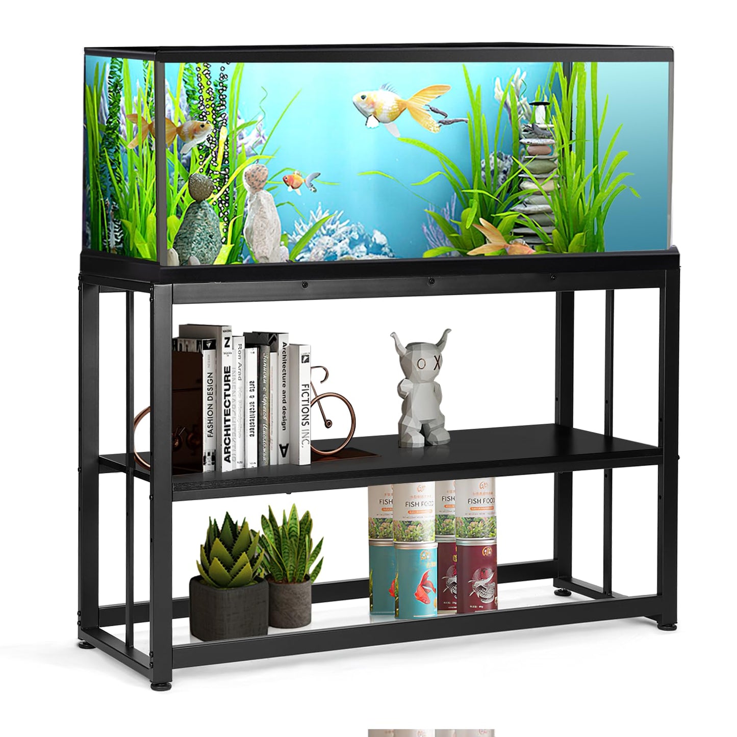 VOWNER 55-75 Gallon Fish Tank Stand - Metal Aquarium Stand, 48.4" x 14.9" x 29.5" Heavy Duty Reptile Tank Stand, Adjustable 2-Tier Fish Tank Rack Shelf for Home Office, Tank not Included, Bla - WoodArtSupply