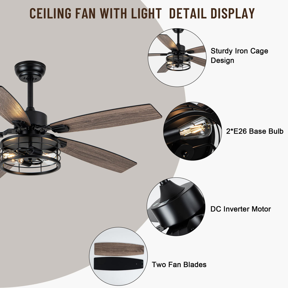 52" Ceiling Fans with Lights, Modern Farmhouse Caged Ceiling Fan with Light and Remote, Reversible Motor, 5 Double Finish Wood Blades, Chandelier Rustic Ceiling Fan for Living Rooms, Bedroom Oaks Aura