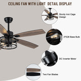 52" Ceiling Fans with Lights, Modern Farmhouse Caged Ceiling Fan with Light and Remote, Reversible Motor, 5 Double Finish Wood Blades, Chandelier Rustic Ceiling Fan for Living Rooms, Bedroom Oaks Aura
