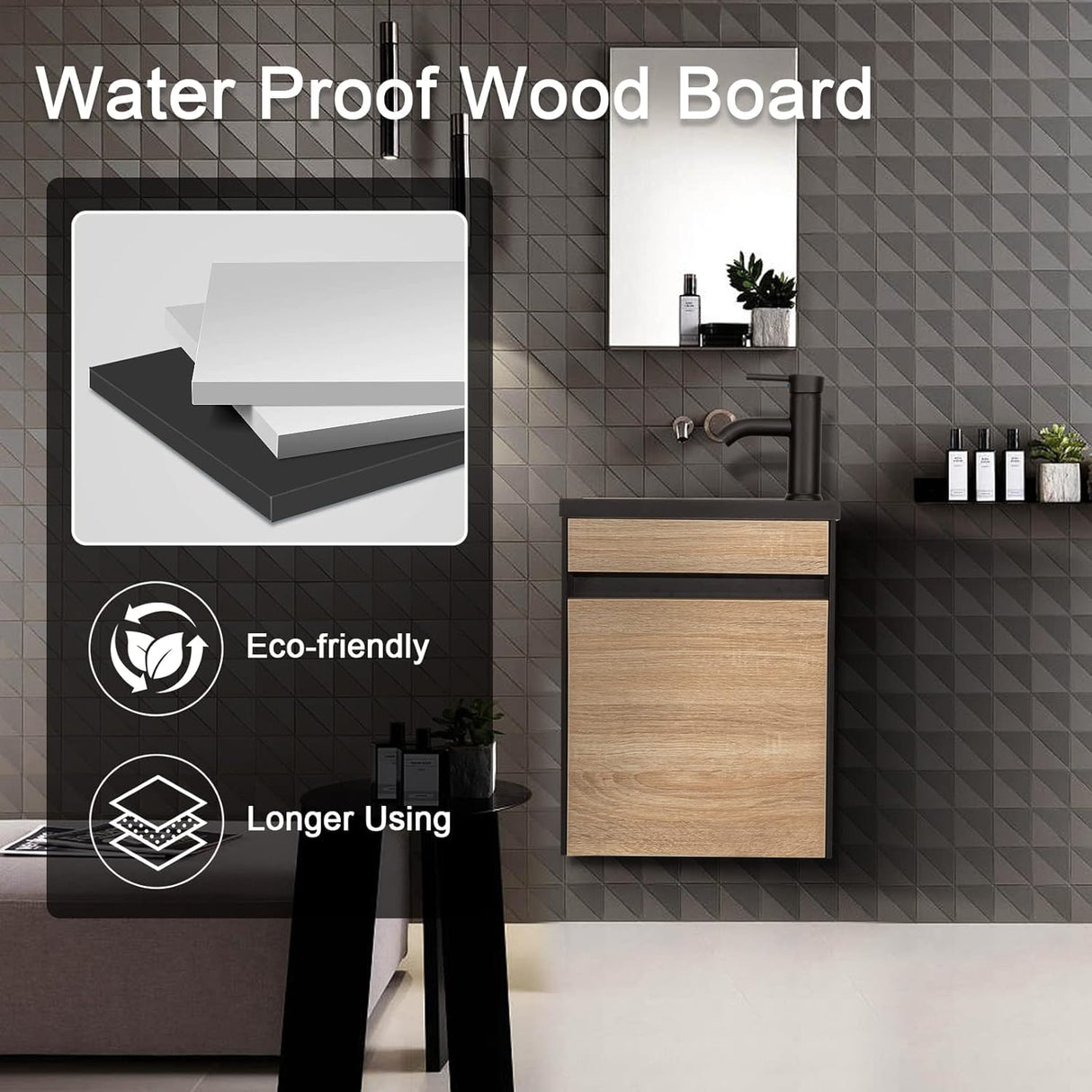 UEV 16" Small Bathroom Vanity Wall Mounted,Black and Natural Mixed Small Bathroom Vanity with Ceramic Sink,Bathroom Vanity and Sink Set with Frosted Black Faucet P-Trap (BN B10-New) UEV