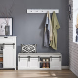 Haotian White Rustic Style Storage Bench with Sliding Barn Doors & Padded Seat Cushion, Hallway Bench, Shoe Cabinet, Window Shoe Bench, FSR133-W Haotian