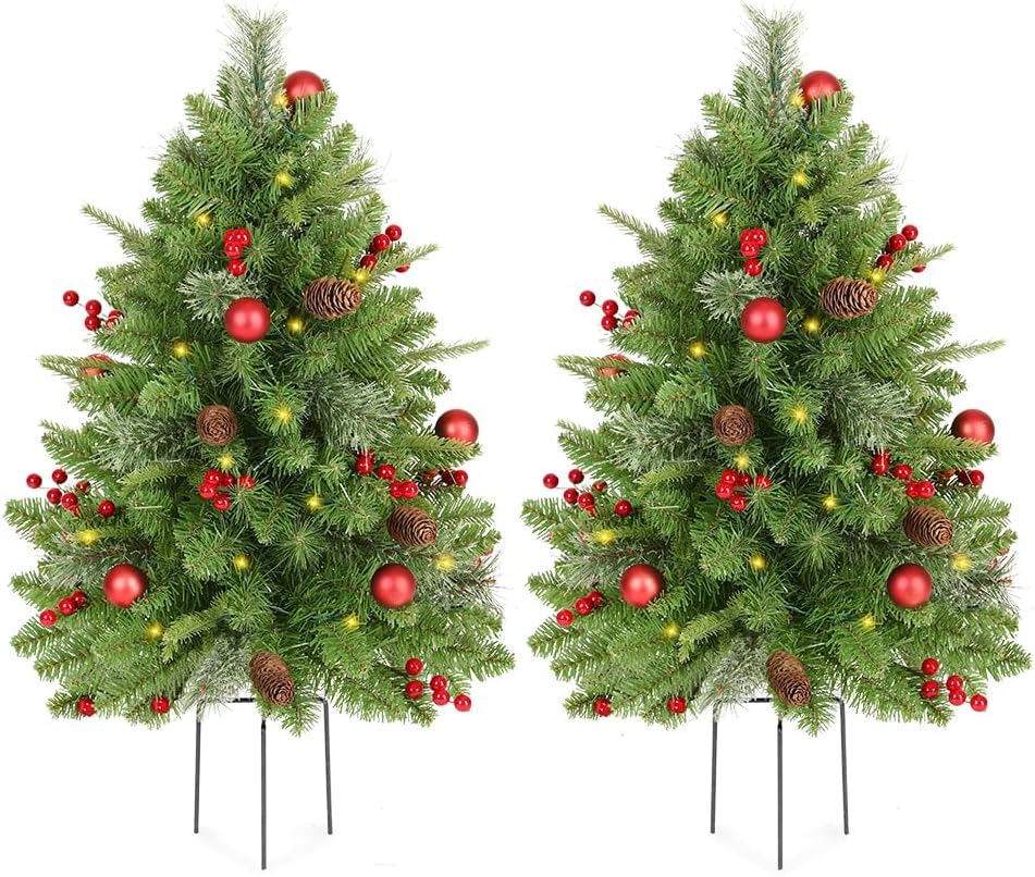 KING BIRD 2 Set 30 Inch Outdoor Christmas Tree, Pre-Lit LED Christmas Porch Decorations Outdoor Tree, 260 Branch Tips Lush, Pine Cones, Red Berries and Red Ball