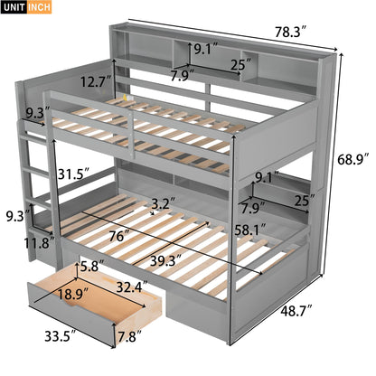 Harper & Bright Designs Twin Over Twin Bunk Bed with Storage and Shelves in Grey - WoodArtSupply