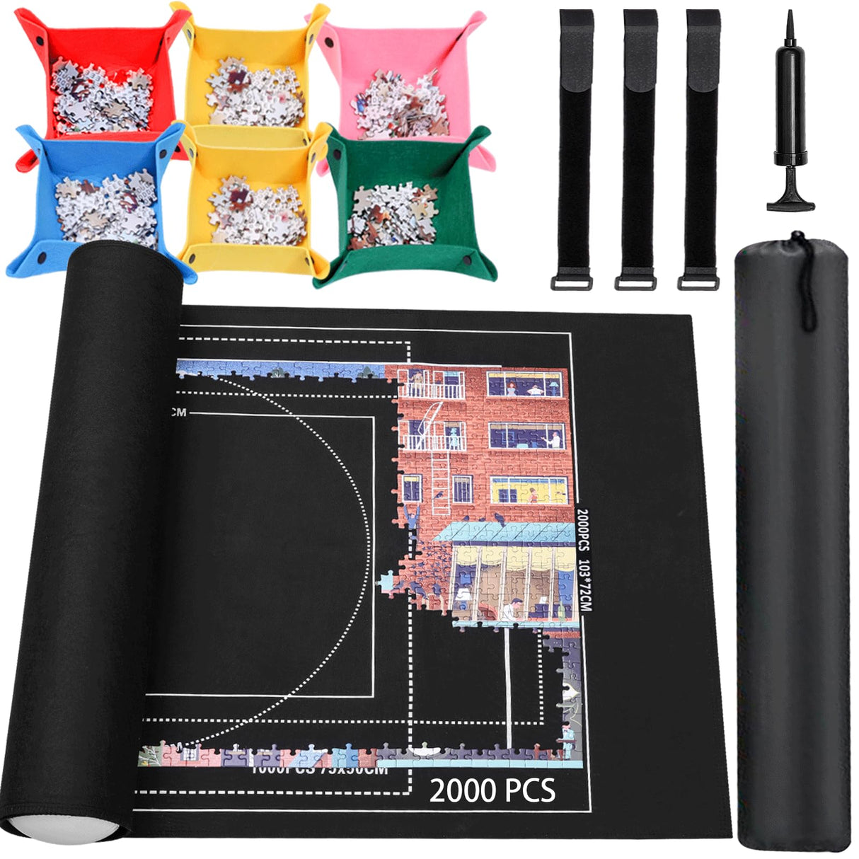 Jigsaw Puzzle Mat Roll Up - 2000 1500 1000 500 Pcs Puzzles Mats, Black Smooth Top & Non-Slip Felt Bottom Roll-Up Puzzle Matte for Sorting Table, Board, Frame, Storage+ 6 Save Trays. for Adults Lwoeo