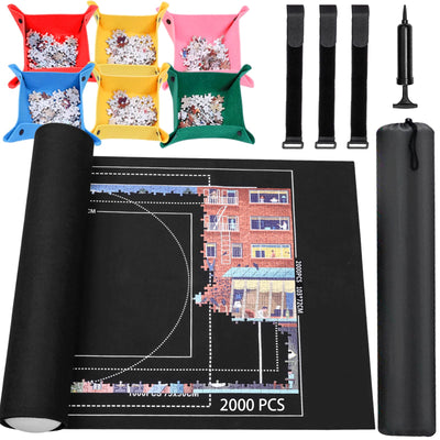 Jigsaw Puzzle Mat Roll Up - 2000 1500 1000 500 Pcs Puzzles Mats, Black Smooth Top & Non-Slip Felt Bottom Roll-Up Puzzle Matte for Sorting Table, Board, Frame, Storage+ 6 Save Trays. for Adults