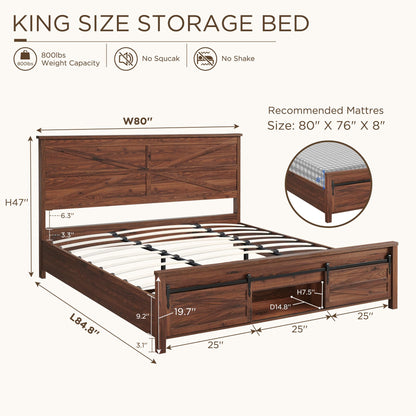JXQTLINGMU King Farmhouse Wood Bed Frame with Sliding Barn Door Storage Cabinets, Solid Wood Slats Support, Noiseless, No Box Spring Needed, Brown
