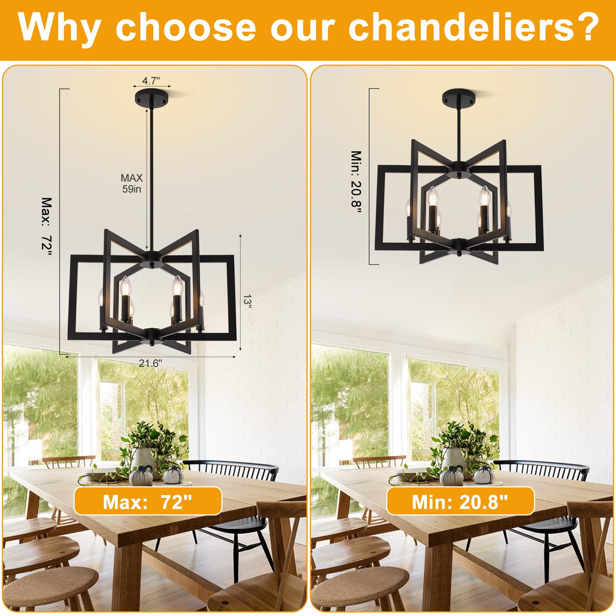 21.6" Black Farmhouse Chandelier,6-Light Geometric Dining Room Fixture,Modern Industrial Foyer Lighting Fixtures,Rustic Farmhouse Hanging Pendant Lights for Kitchen Island,Living Room,Bedroom,Entryway UnicozoHome